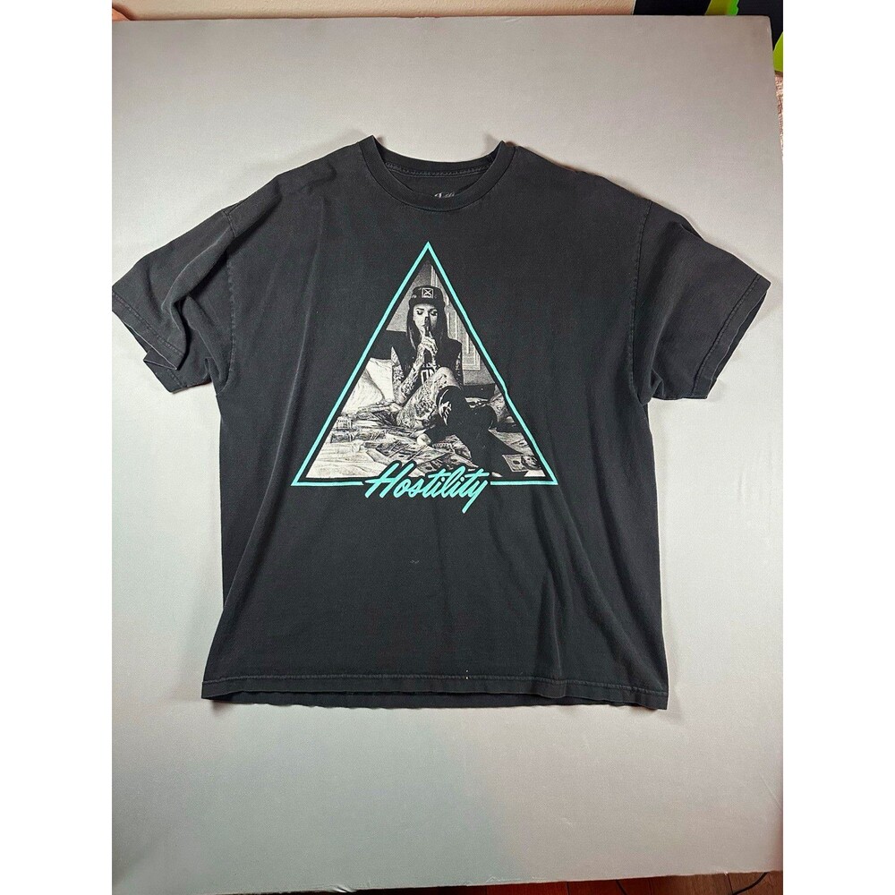 Hostility Mens Graphic Logo T-Shirt Black Crew Neck Short Sleeve Cotton XXL